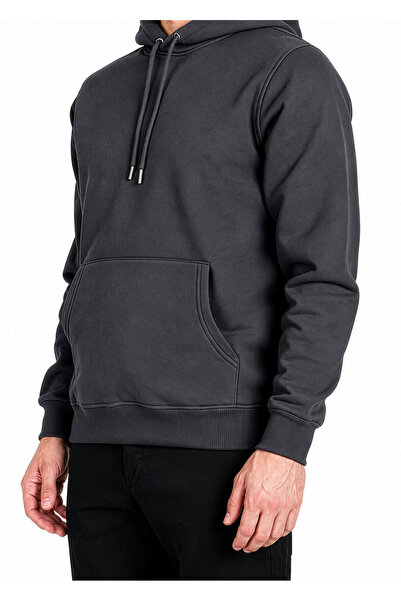 Hediyesepeti Koyu Gri Erkek Kapüşonlu Basic Sweatshirt Kanguru Cepli Hoodie