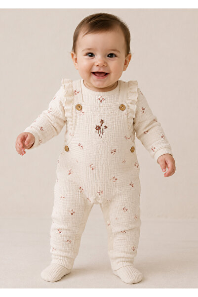 Bistyle Baby Girl Rossalında İn Love Salopet Jumpsuit Ecru-Light Beige 15205
