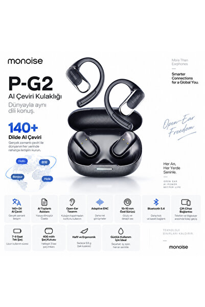 Monoise P-G2 AI Çeviri Kulaklığı 140+ Dil Bluetooth 5.4 ENC Open Ear Kablosuz...