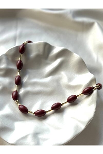 Alveole Jewelry Bordo Oval Boncuklu ve Gold Detaylı Kolye
