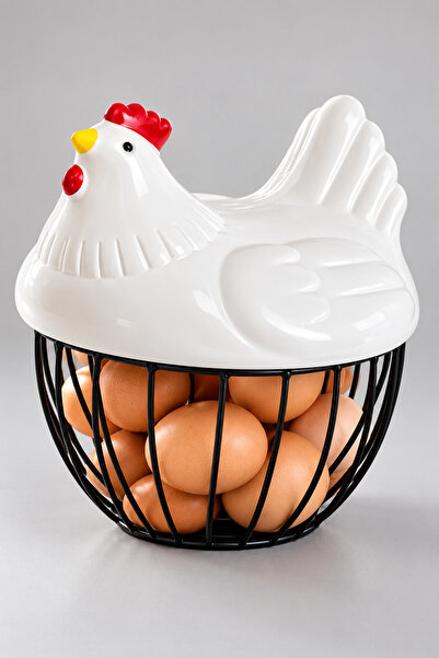 House Bird Dekoratif Tavuk Figürlü Plastik Kapaklı Metal Yumurtalık Meyve Sep...