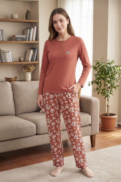 REN Women's brick red 100% pure cotton long-sleeve pajama set, relaxed fit, b...
