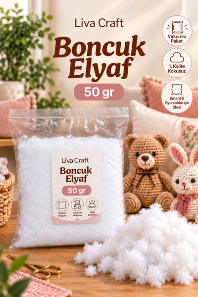 LİVA CRAFT Art & Craft Boncuk Elyaf 50gr, Vakumlu Torbada, Hobi Dolgu Elyafı