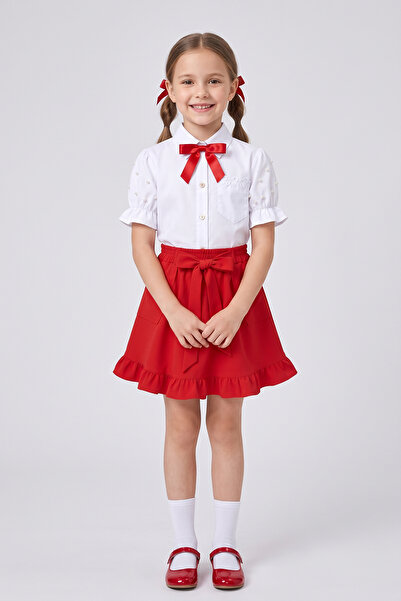 nacar çarşı Girl's Red Ribbon Short Sleeve Pearl Detailed Sleeve Ruffle Pocke...
