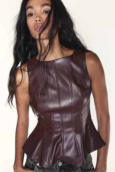 Stradivarius Faux leather effect peplum sleeveless top