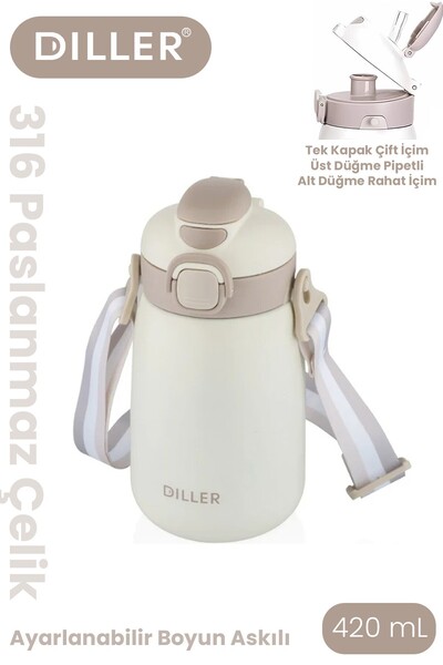 Vagonlife Diller 420 ml Single Lid With/Without Straw Dual Use Steel Thermos ...