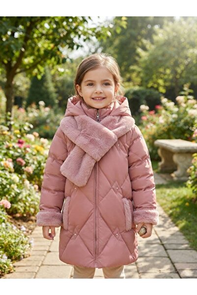 Ysferbutik Girl's Fur Detailed Hooded Inflatable Coat with Removable Fur Scarf Winter Coat