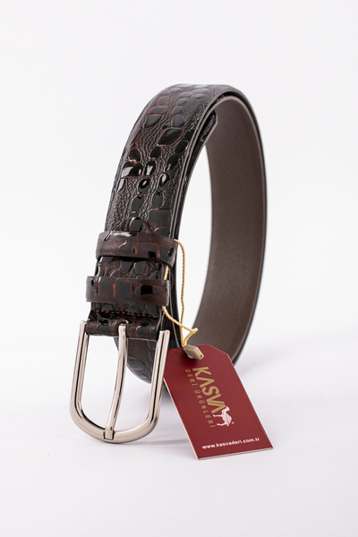 KASVA DERİ Crocodile Brown Patent Leather Embossed Textured Belt 3.5 cm