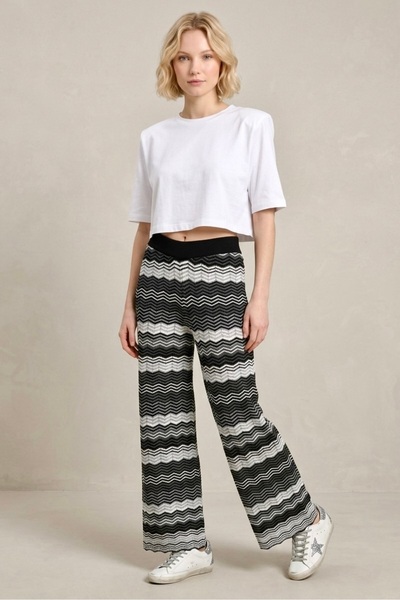 lamea Women's Black Ecru Zigzag Patterned Wide Leg Knitwear Trousers