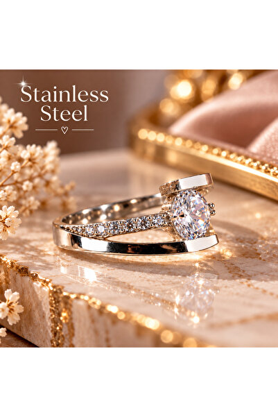stainless steell Silver Color Zircon Stone Solitaire Wedding Ring Model 18 Si...