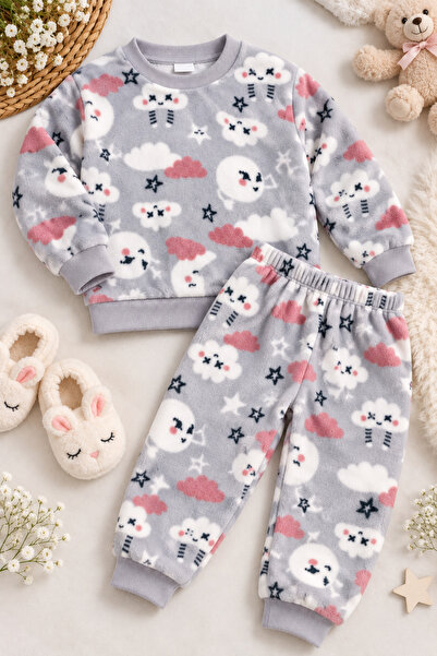 HELMİRA Girl's Patterned Fleece Fabric 2-Piece Pajama Set