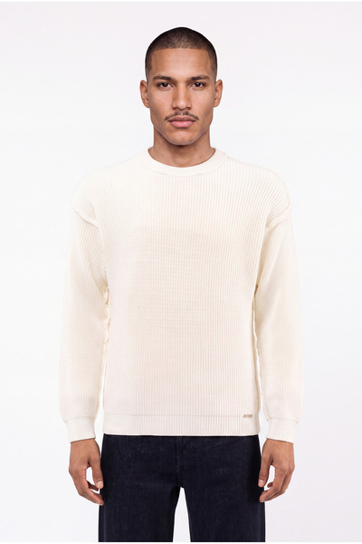 Machinist Men's Thessaloniki Knitted Dirty Stitching Crew Neck Oversize Knitwear Ecru
