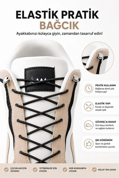 AiryFooT Set of 3 Round Elastic Smart Laces 100 cm – Smart, with Metal Clips, Screw-On – Black