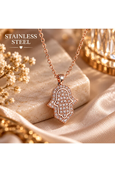 stainless steell Zircon Stone Rose Plated Fatma's Hand Steel Necklace