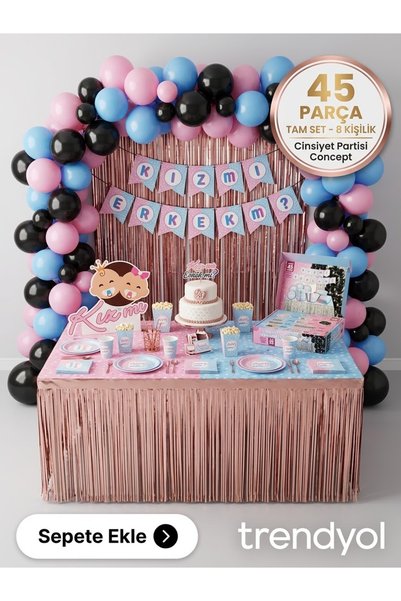 45 Parça Kız mı Erkek mi? Cinsiyet Partisi Seti - 8 Kişilik Gender Reveal Parti Süsleme Seti