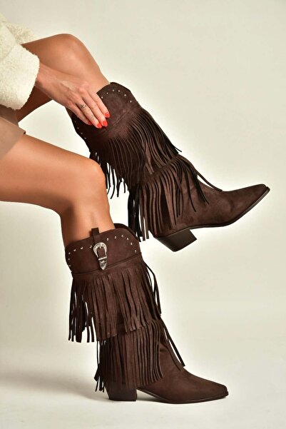 Fox Shoes Z726107102 Brown Suede Thick Heeled Tasseled Women's Boots