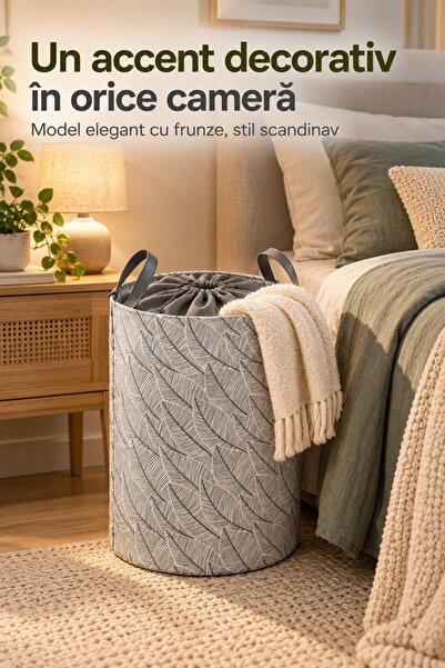 PUPSI Gray Textile Laundry Basket with Patterned 35x46 cm, Foldable Storage B...