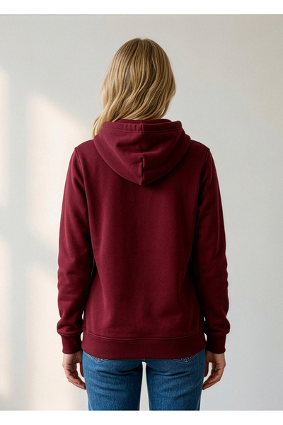 Hediyesepeti Bordo Kadın Kapüşonlu Basic Sweatshirt Kanguru Cepli Hoodie S Beden