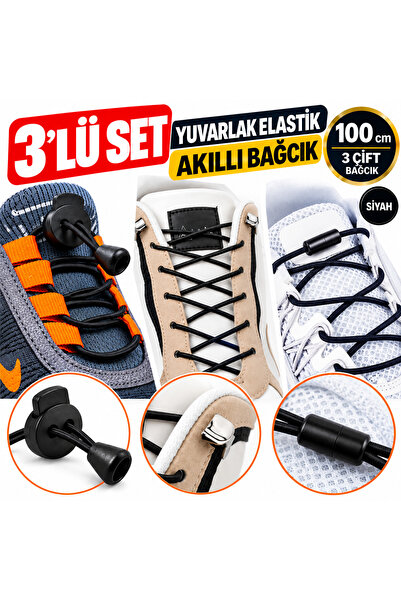 AiryFooT 3’lü Set Yuvarlak Elastik Akıllı Bağcık 100 cm – Akıllı, Metal Klips...