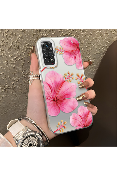 SLIMFELT Redmi Note 11/Note 11S Uyumlu Yumuşak pembe sulu boya hibiscus, basi...