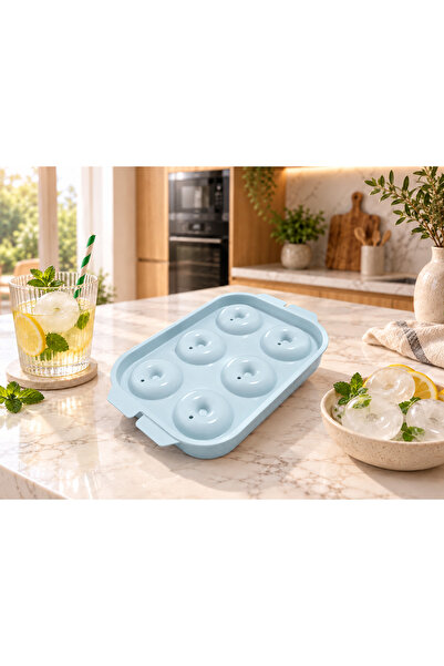 Pazar Kapısı Donut Ice Mold 6-Piece Ring Ice Tray with Lid – Donut Shaped Ice Mold for Drinks and Cocktails Blue