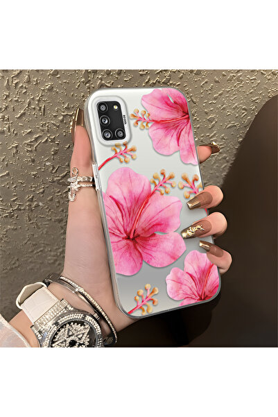 SLIMFELT Samsung Galaxy A31 Uyumlu Yumuşak pembe sulu boya hibiscus, basit çi...