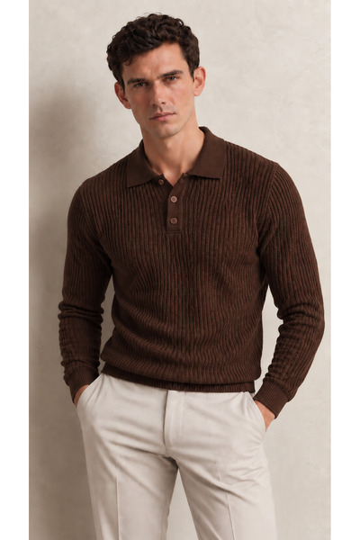 viyamen Men's Polo Collar Buttoned Long Sleeve Ribbed Knit Sweater