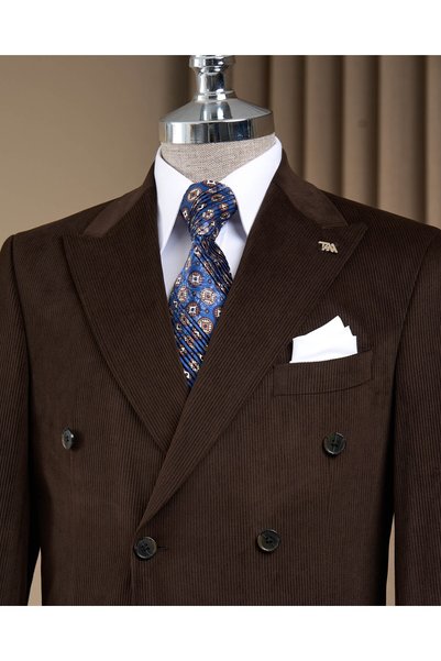 TerziAdemAltun Slim Fit Double-Breasted Pointed Collar Velvet Thick Twill Men's Suit Brown T20179-03