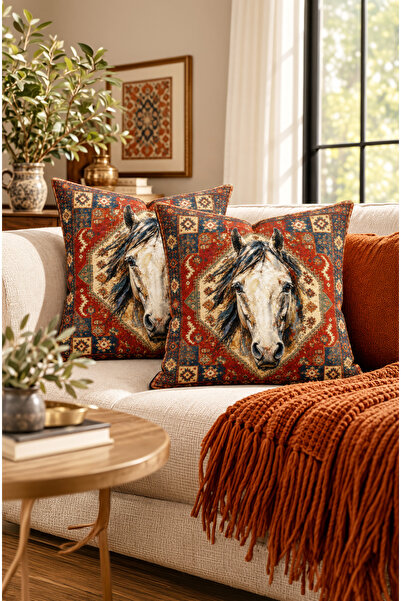 CANİLA Dijital Baskılı Kırlent Kılıfı. Kilim Yağlıboya at Desenli Çift Tarafl...