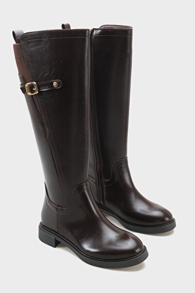 MODAADAM Women's Vibe Buckle Flat Sole Boots - Brown-Leather