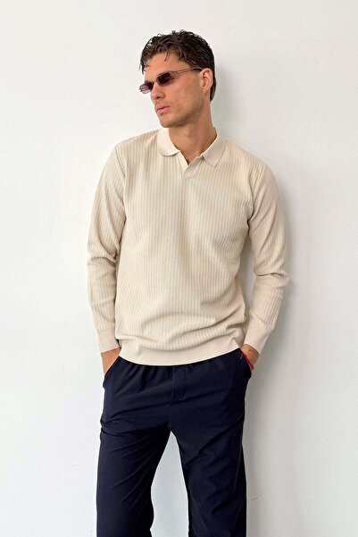 JB John Borners Men's Polo Neck Ribbed Textured Knit Sweater Stone - 27010