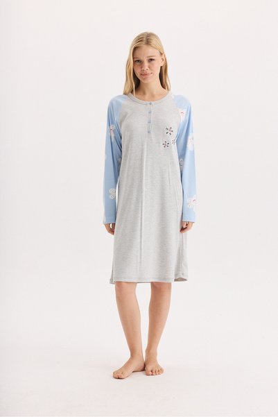 Etoile 100% Cotton Fabric Long Sleeve Button Detailed Nightgown 27101-27102