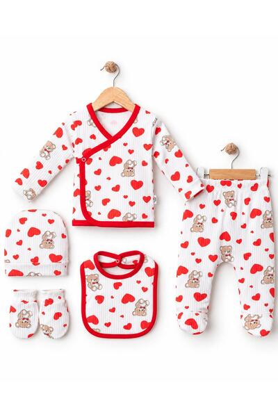 chic try unique Newborn Baby 5-Piece Hospital Discharge Set 100% Cotton with Heart and Teddy Bear Pattern