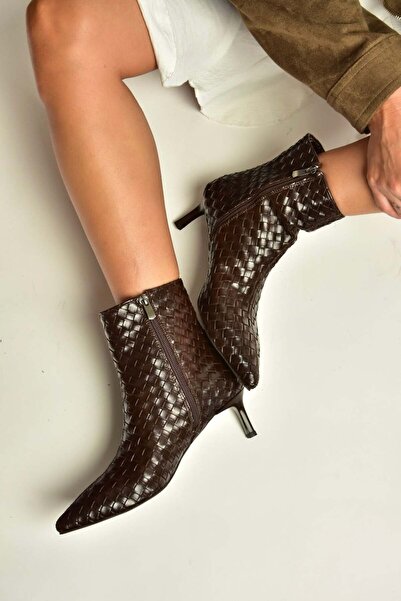 Fox Shoes Z676588909 Brown Knitted Detailed Kitten Heeled Ankle-Length Women'...