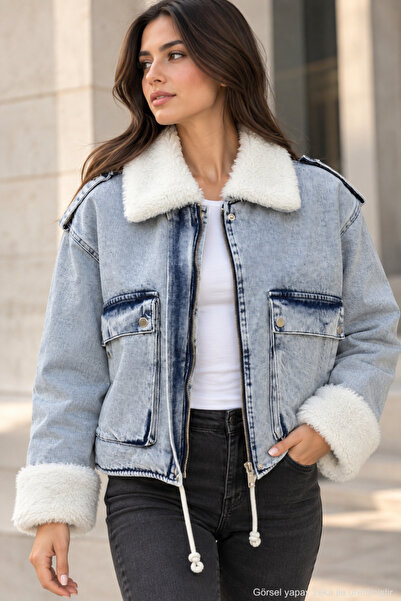 Polo State Kadın Peluş Detaylı Cepli Yıkamalı Jean Ceket
