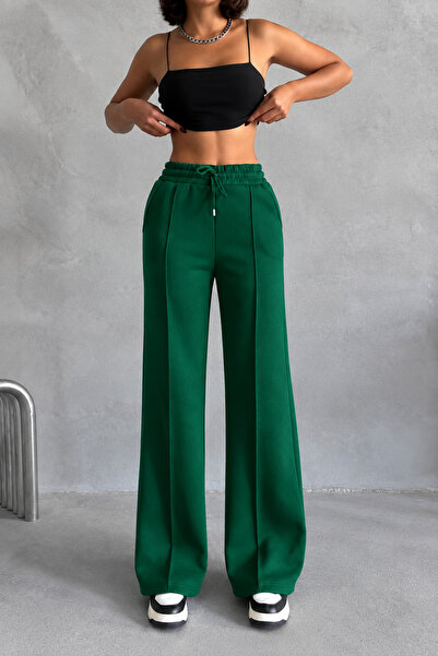 İLKCET MODA Women's Green Baggy Wide Leg Sweatpants