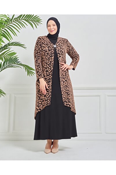 Virezza Kadın Büyük Beden Sarı / Bronz Leopar Desenli Simli Asimetrik Ceketli Tesettür Abiye Takım