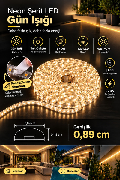 Ema Dükkan 220V Kendinden Yapışkanlı Trafosuz Şerit LED 3200K Gün Işığı – 750...