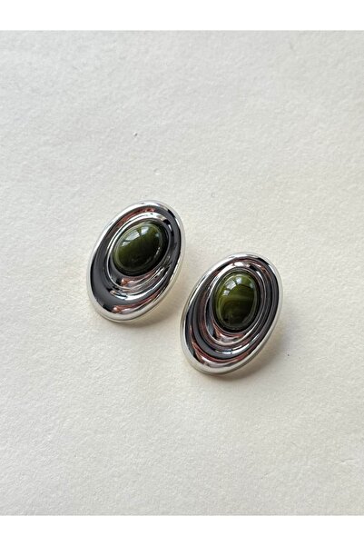 Alveole Jewelry Gümüş Katmanlı Oval Koyu Yeşil Taşlı Vintage Küpe