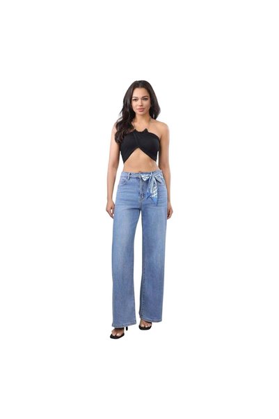 MISS GOOD Γυναικείο Ψηλόμεσο Jean Παντελόνι σε Γραμμή Wide Leg Μπλε