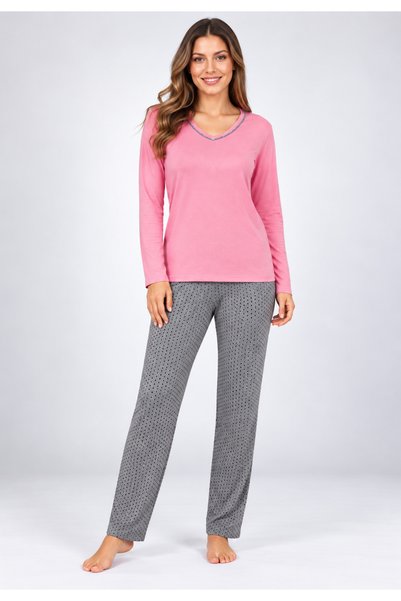 Serena Women's pink long-sleeved pajamas and gray long pants with polka dots