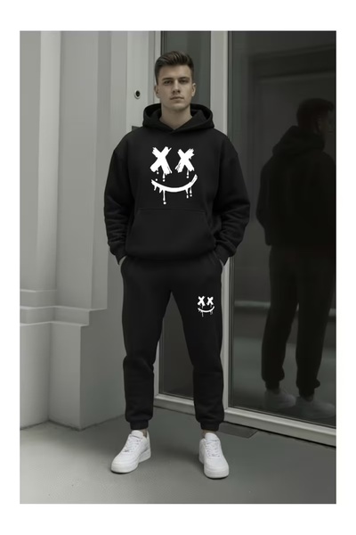 AEMİ Unisex X Face Printed Oversize Sweatshirt and Sweatpants 2-Piece Set