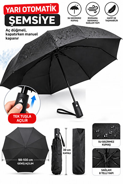 GÜZELYÜZ AVM Siyah Şemsiye Yarı Otomatik Şemsiye Yağmur Şemsiyesi Unisex Şemsiye