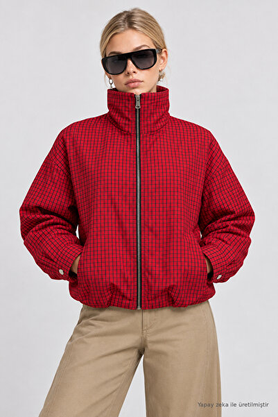 Lovelyİstanbul Ekose Desenli Bomber Ceket LAZ0021 KIRMIZI LACİVERT