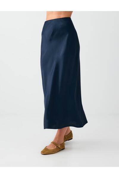 Jimmy Key Fusta maxi din satin, albastru marin, cu croială slim și talie elastică