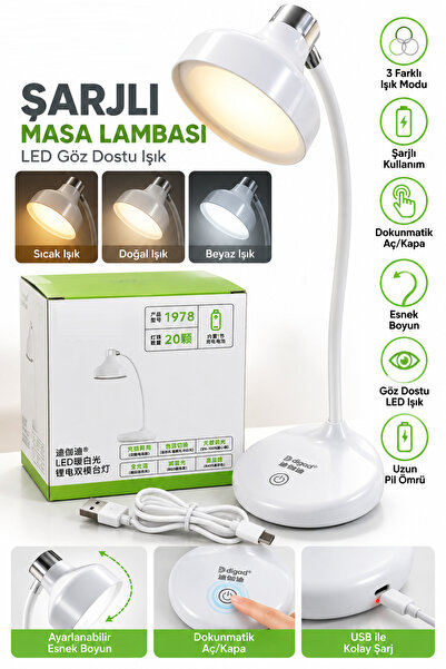 GÜZELYÜZ AVM Şarjlı Masa Lambası Çalışma Lambası Okuma Işığı Kademeli Ayarlan...
