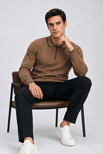 Maccali Men's Striped Knitwear Casual Brown Polo Collar Sweater