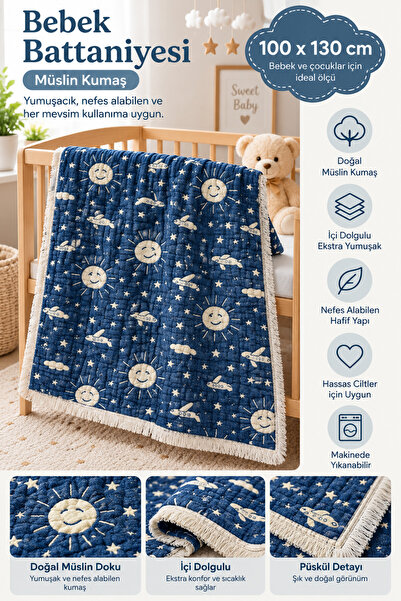 LADYNİL 100% Cotton Muslin 6-Layer Baby & Kids Blanket, 100X130Cm Patterned M...