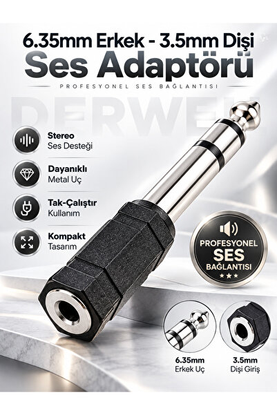 Derwell Yeni 2026 6.35mm Erkek - 3.5mm Dişi Ses Adaptörü Stereo Profesyonel A...