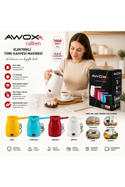 AWOX CAFFEEN ELEKTRİKLİ CEZVE +TÜRK KAHVESİ MAKİNESİ ( PLASTİK ) ( ÇİFT AĞIZ ) ( 0.4LT & 5 FİNCAN ) ( 1000W )